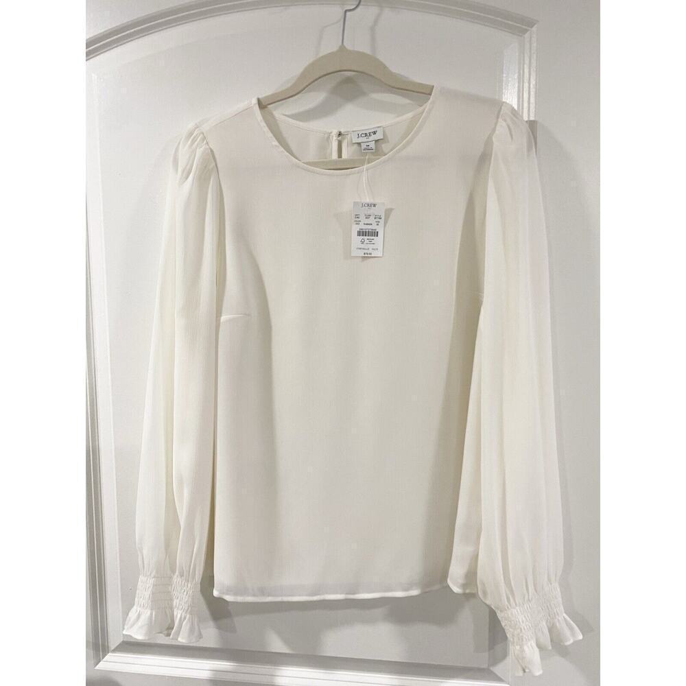 NWT J.Crew Factory Ivory Smocked Cuff Blouse Medium Puff Sleeve Work Office Top - Picture 4 of 13